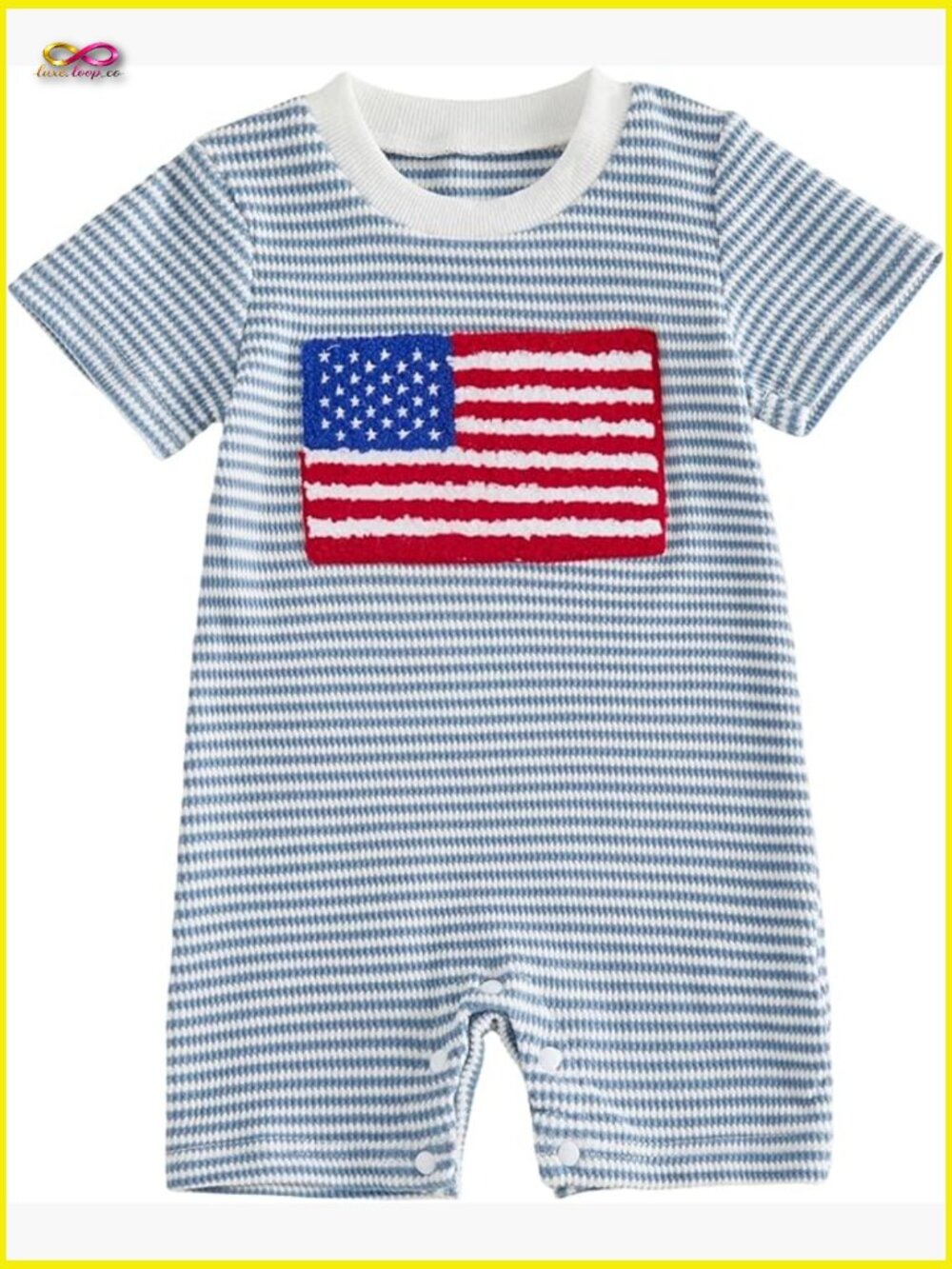 Blue Striped Kids Romper with American Flag Patch